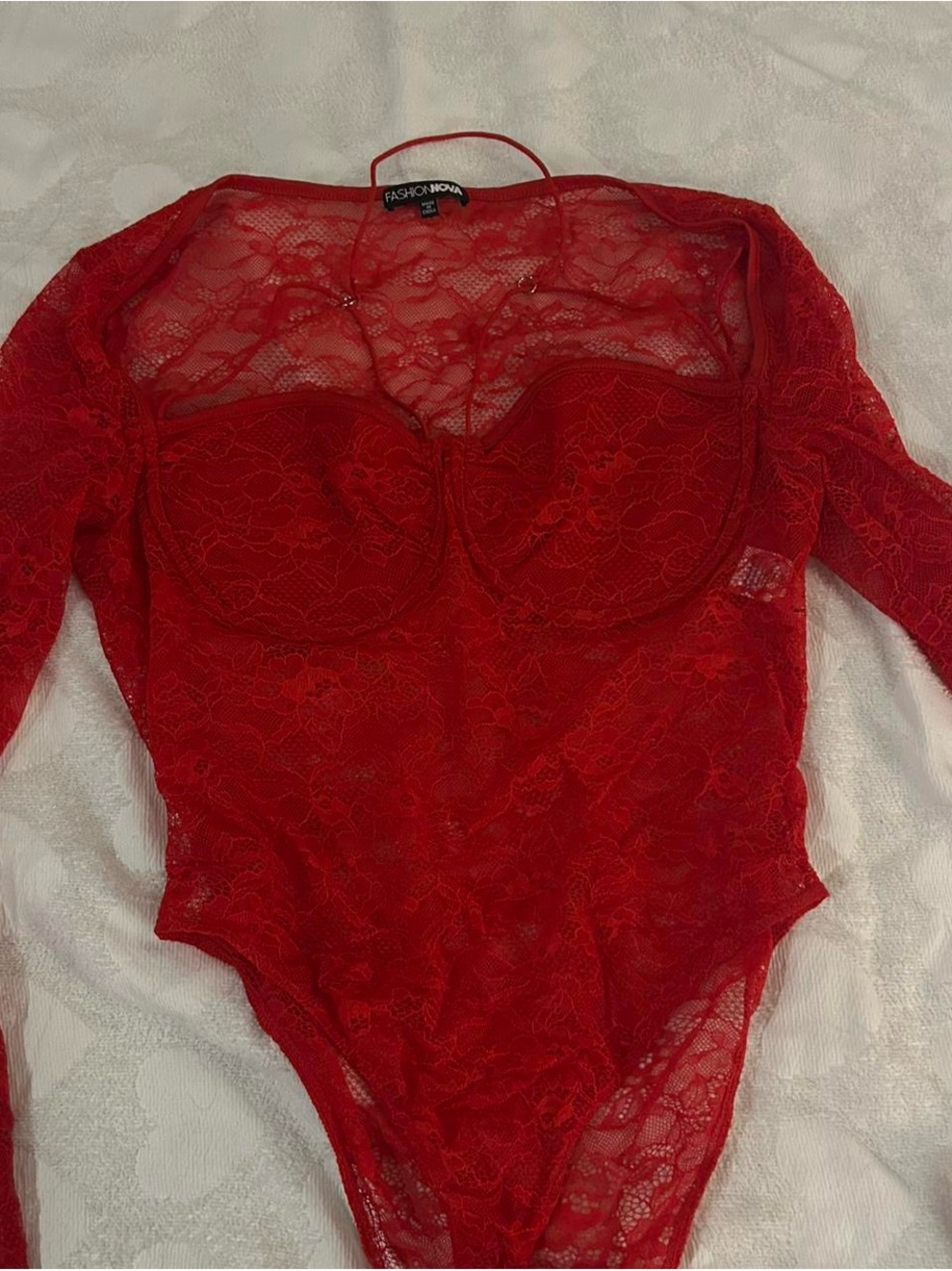 Fashion Nova Scarlet Lace Long-Sleeve Bodysuit